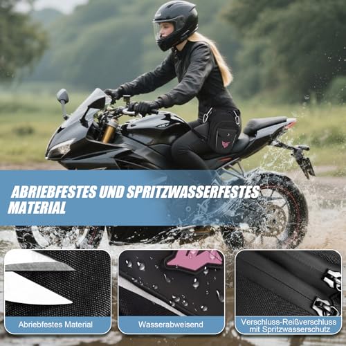Eshow Beintasche Motorrad für Damen, Oberschenkeltasche Gürteltasche Erweiterbare Stauraum, Bauchtasche mit 1 Flaschenhalter 2 Karabinern Reflexstreifen für Wandern Radfahren Schwarz