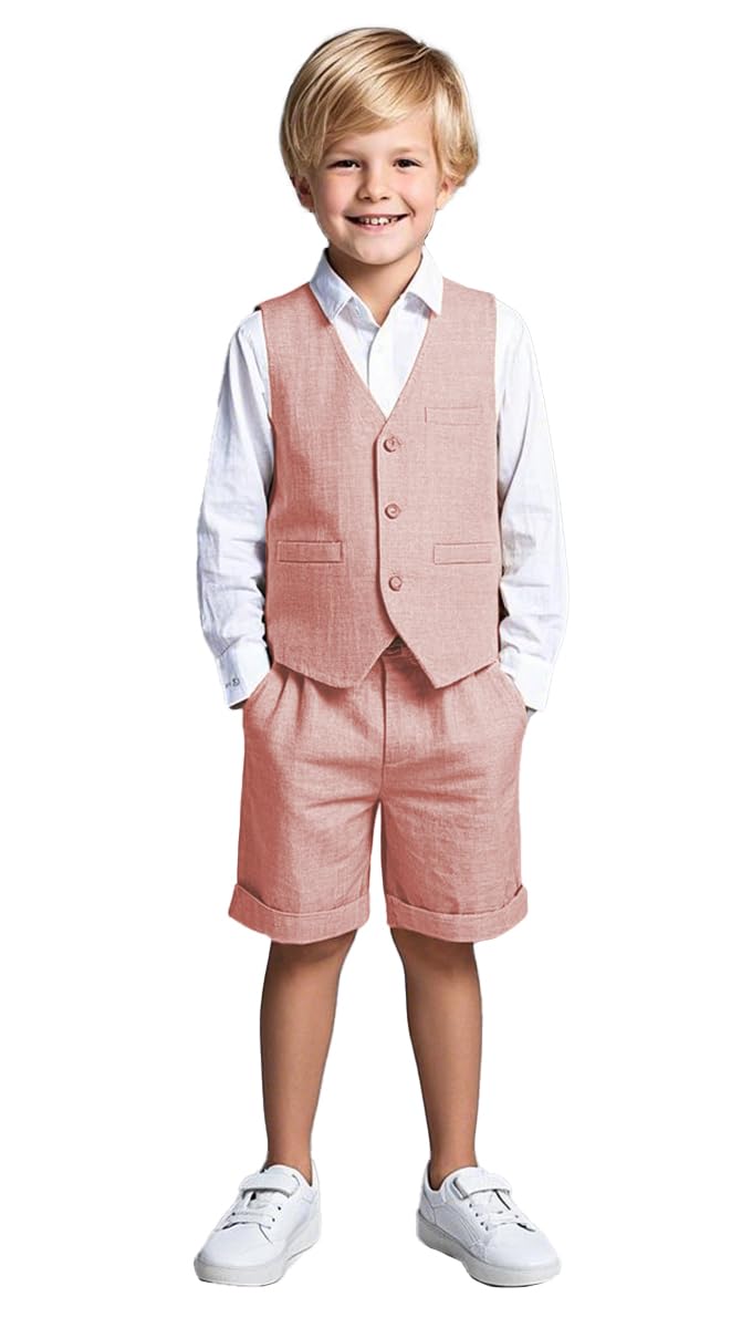 Traje de lino de 2 piezas para niños, chaleco y pantalones cortos, traje de verano para la playa, rosa, 12 años