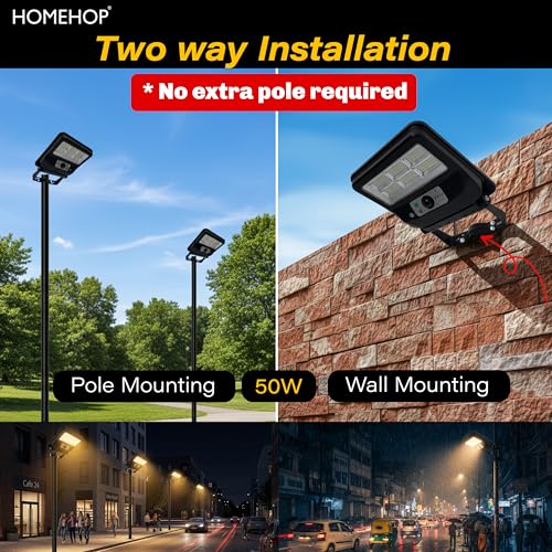 Image of Homehop Solar Light Outdoor Home Garden Street 50W Wireless LED Night Lamp | Solar Street Light Outdoor Waterproof Automatic Motion Sensor for Wall, Parking Area, Yard, Pathway (4000mAh, WarmLight, ABS)