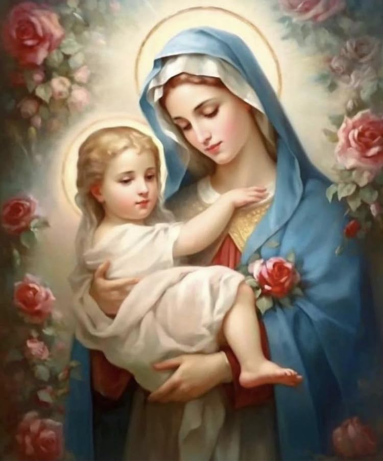 Soggetto: La Vergine Maria è rappresentata con un viso dolce mentre tiene in braccio il Bambino Gesù.