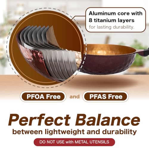 Diamond X Premium Non Stick Wok Pan - 11" Large Flat Bottom Chinese Wok - Woks & Stir-fry Pans Nonstick - Titanium-Coated 8-Layered Korean Engineered Skillet for Frying, Oil-Free, PFOA-Free
