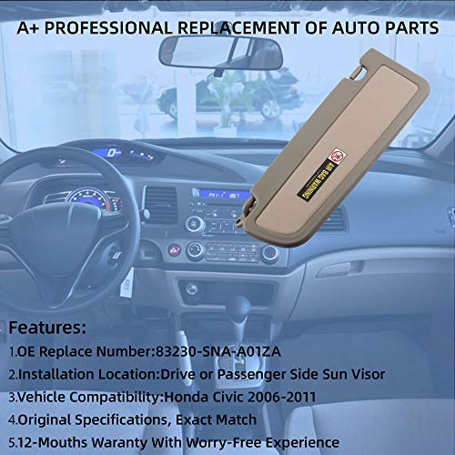 Dasbecan Passenger Right Side Warm Gray Sun Visor Compatible With Honda Civic 2006-2011 Replaces# 83230-Sna-A01Ze #TOP1