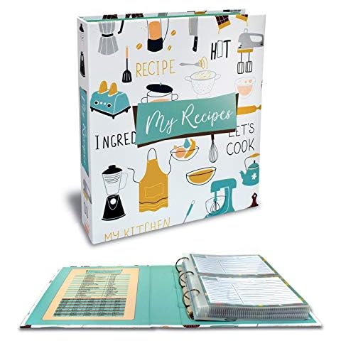 Better Kitchen Products Recipe Binder, 8.5" x 9.5" 3 Ring Binder Organizer Set (with 50 Page Protectors, 100 4" x 6" Recipe Cards & 12 Category Divider Tabs) Vintage Kitchen Design Cover