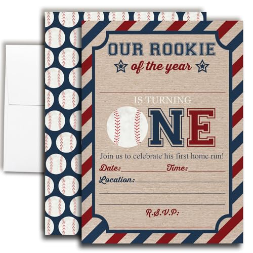 Cartes d'invitation 1er anniversaire baseball 12,7x17,8 cm avec 20 enveloppes
