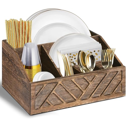 Ukonvi Paper Plate Dispenser, Paper Plate Holder for Kitchen Counter, Wood Rustic Silverware Utensil Caddy, Cutlery Flatware Organizer Box for Cups Spoons Forks Plates Napkins, Kitchen Accessories