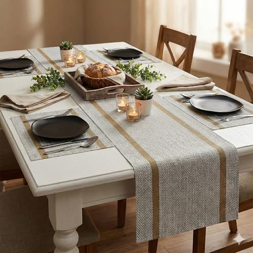 Image of YELONA Dining Table Placemats and Runner Set - Heat Resistant, Washable, Stain Resistant Mats - Woven Vinyl Plastic - Easy to Clean-(45x30 cm 4 Placemats, 135x30 cm 1 Runner)-Ideal for Stylish Dining