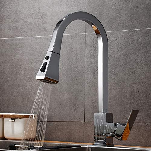 Kitchen Sink Faucet for Bar Farmhouse Commercial, White/Chrome Brass Pull Out Faucets, 360 Rotate Mixer, Wash Button to Switch Tap