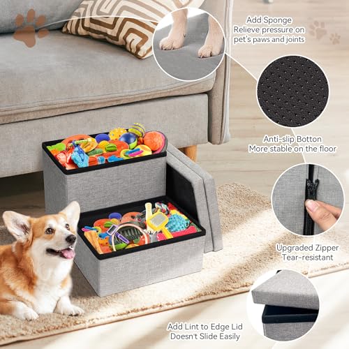 Image of Dog Stairs with Storage 12 inch H, 2-Step Wider Dog Steps for Dogs Cats, Folding Sturdy Pet Stairs Climbing Sofa Couch, Ramp for Car Hold Up to 150 lbs (Gray, No Condo)