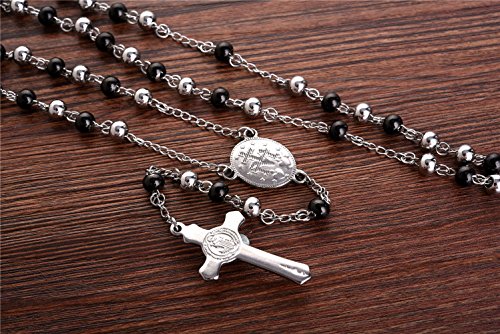 30" Stainless Steel Rosary Beads Necklace 6mm Black and Silver Color with Jesus Christ Crucifix Cross4