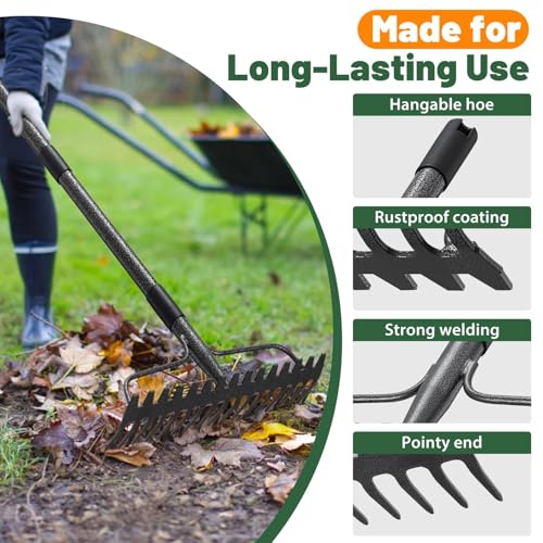 Gartenrechen 190 cm - Robuste Metall Gartenharke mit Stiel und 17 Zinken für Rasen, Laub & Boden | Rasenharke zur Lockerung, Nivellierung & Unkrautentfernung | Langlebige Hof Strohharke