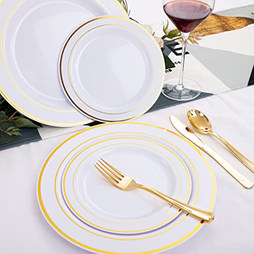 Wellife 96 Pcs Gold Plastic Plates, Disposable Gold Silverware And Cups, Gold Dinnerware Set, Includes: 16 Dinner Plates 10.25", 16 Dessert Plates 7.5", 16 Cutlery, Perfect For Weddings #TOP5