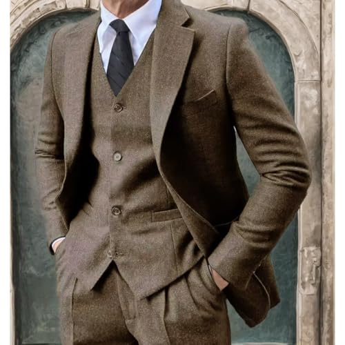 Men's Tweed Herringbone Suit 3 Piece Retro Slim Fit Prom Wedding Groom Tuxedos Set Brown Blazer Vest Pants4