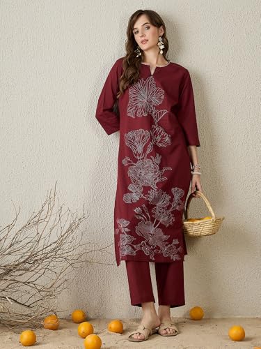 Image of INDO ERA Women's Pure Cotton Straight Embroidered Kurta with Pant | Women Kurta Set | Ethnic Wear for Women | Daily Office Casual Traditional Outfit,IESTR12241XXL | Cord Set For Women Cotton |