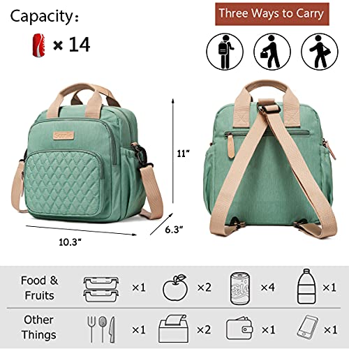 Scorlia Insulated Lunch Bag Thermal Rucksack, 3 In 1 Convertible Lunch Tote With Side Pockets For Women, Tall Lunch Cooler Box With Drinks Holder For Office, Beach, Green #TOP1