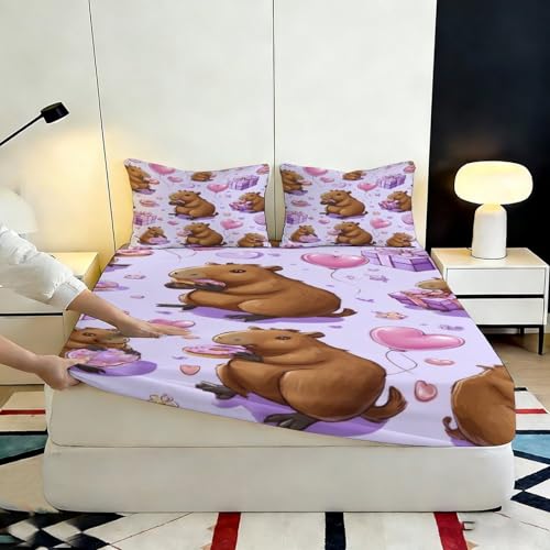 Drap housse capybara motif donut et cœur pour des nuits douces