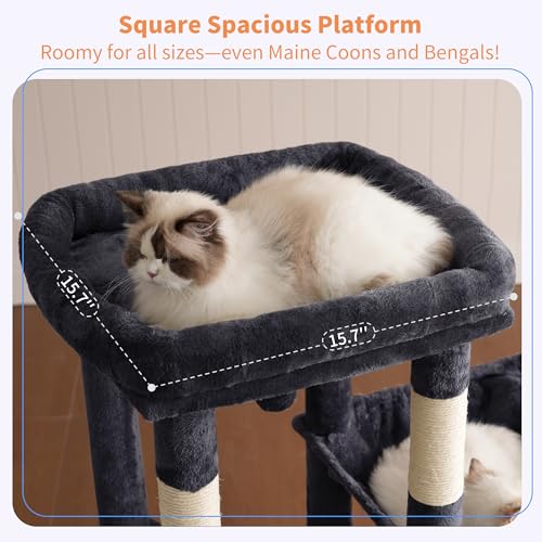 Image of Heybly Heavy Duty Cat Tree, Tower for Indoor Cats large adult, Tall Cat Condo House with Extra-Large Baseboard, Multi-Level Plush Furniture with Scratching Posts, Hammock,Toy Balls, Smoky Gray HCT026G