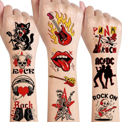 Tatouages Ephemere Rock and Roll - 10 Feuilles Tatouage Enfant Adulte, Autocollants Imperméables Thème Musique Punk Guitare Tête de Mort pour Fête Concert...