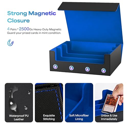 Image of UAONO Trading Card Storage Box, Holds 1800 Sleeved Cards with 10 Dividers & 3 Stoppers, Magnetic Closure PU Leather Card Case for MTG, PTCG, YGO, Sports Cards (Black&Blue)