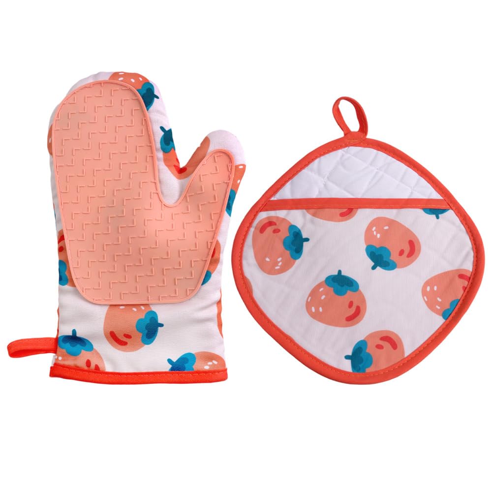 Oven Mitt & Pan Mat, Silicone & Cotton Microwave Gloves Potholder Non-Slip Heat-Resistant Baking Mitts for Kitchen Cooking, Baking, Grilling, BBQ