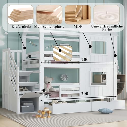 EINHOM Etagenbett 90x200 cm, Kinderbett mit Treppenschrank Schubladen, Stauraumbett mit Zwei Schubladen, mit Fenster und Dach, Rausfallschutz Geländer, Weiß (Ohne Matratze)