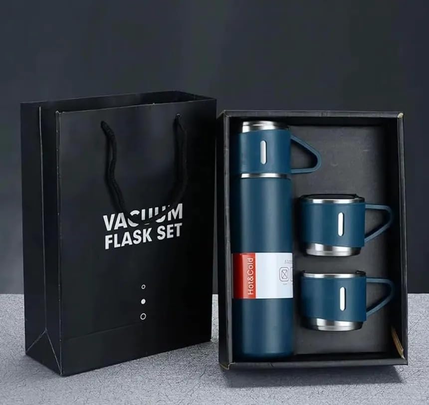 Vacuum Flask Gift Set | Stainless Steel Hot & Cold Water Bottle with 2 Insulated Cups | Leakproof Thermos Flask for Home, Office, Travel & Gifting