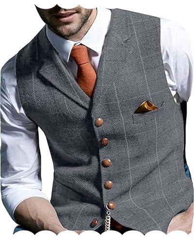 Men's Wool Tweed Vest Big and Tall Herringbone Plaid Waistcoat