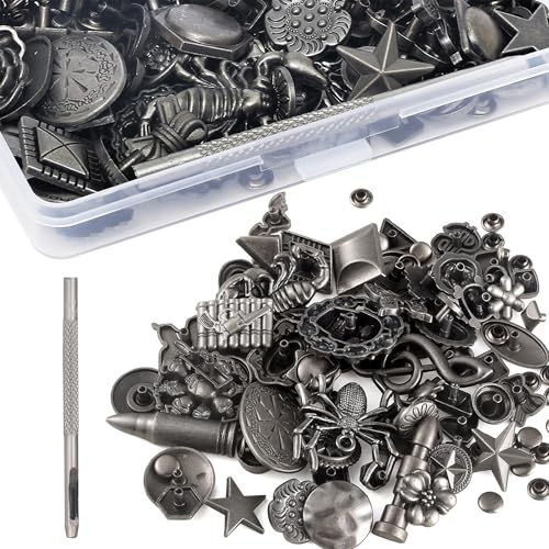 Notgia 70Sets Assorted Conchos Mixed Antique Silver Color Studs Spikes and Studs Rivets Leather Craft Accessories for Decorate Belts Handbags Wallets Dog Collars Shoes Clothing Bracelets Chokers Bags