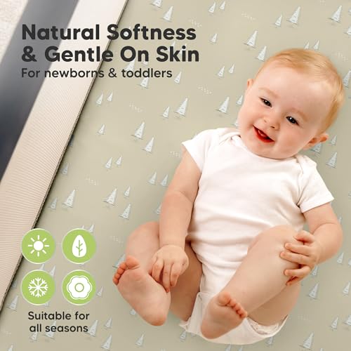 Image of 2 Pack and Play Sheets, Waterproof Mini Crib Sheets Fitted - 38x26 Organic Cotton Pack N Play Sheets for Graco Pack and Play Mattress, Playard Baby Crib Sheets,Neutral for Boy,Girl,Toddler(Pine Grove)