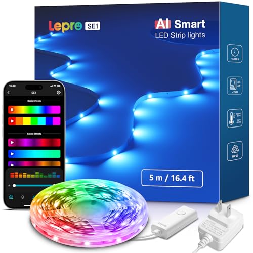 【Compatible with Alexa認定】Lepro AI LEDテープライト 5m RGB 調光調色 マルチカラー 1600万色 Alexa/Google Home対応 スマートLEDテープライト 音楽同期 Wi-Fi & Bluetooth 間接照明 切断可能 ハロウィン クリスマス パーティー飾り【Leproアプリ アカウント登録要】