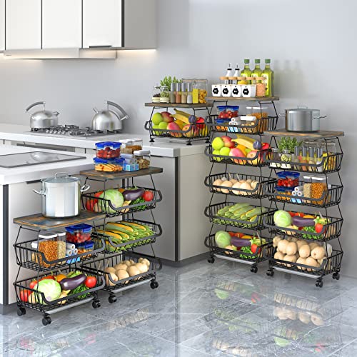 Chloryard Fruit Basket With Wooden Lid For Kitchen, 5-Tier Stackable Wire Fruit Vegetable Storage Basket Organizer Stand On Wheel, Produce Basket Potato Onion Storage Bins Rack Cart For Pantry #TOP6