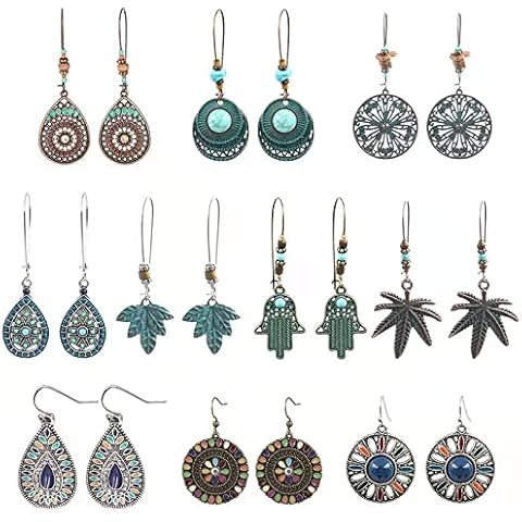 10 pairs Bohemian Earrings Vintage Dangle Drop Hook Earrings Metal Hollow Leaves Heart Earrings Leaf Shape Earrings For Women Girls Cover