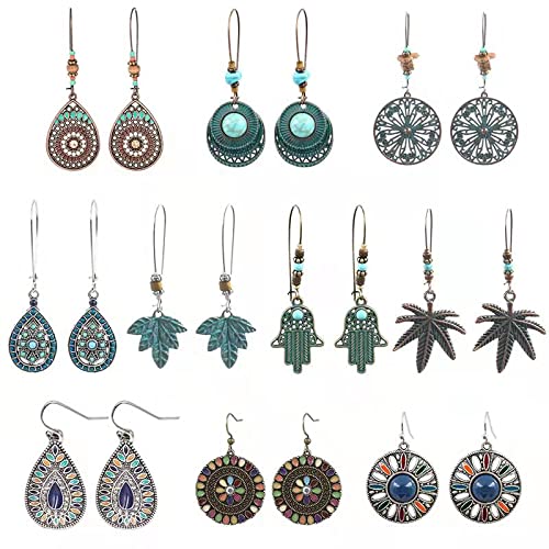 10 pares Pendientes Bohemios Pendientes Colgantes de Retro Vintage Boho Pendientes Earrings con Perla Hoja Hueca para Mujeres y Niñas