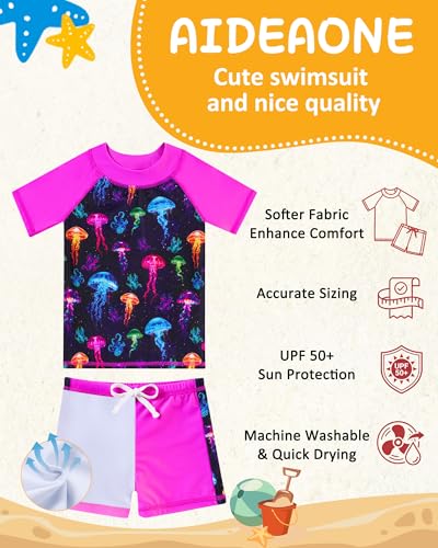 Image of AIDEAONE Girls Rash Guard Swimsuit Short Sleeve Two Piece Bathing Suit Size 3-12T