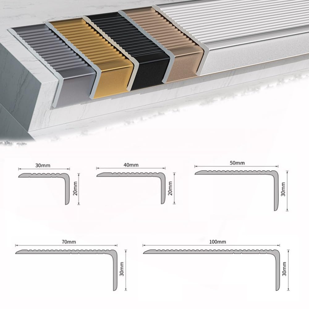 Generico Strisce Antiscivolo per Bordi di Scale, Profilo Metallico da 90 cm per gradini Interni/Esterni, Protezione a L per modanature in Legno/Vinile/Piastrelle (Oro, 5x3 cm)