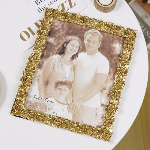 8x10 Picture Frame Vintage, Gold Ornate Rose Flower Resin Photo Frame with Glass Front for Tabletop, Antique Picture Frames for Home Decor