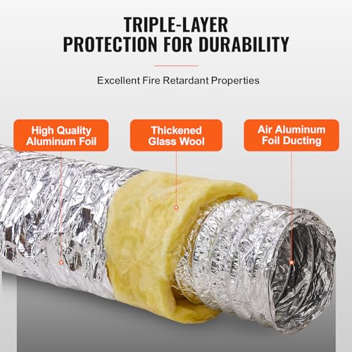 VEVOR 6 Inch Insulated Flexible Duct R-4.2，25 Feet Long with 2 Duct Clamps, Heavy-Duty Three Layer Protection Air Ducting Hose for HVAC Heating Cooling Ventilation and Exhaust Ductwork Insulation by VEVOR - Image 3