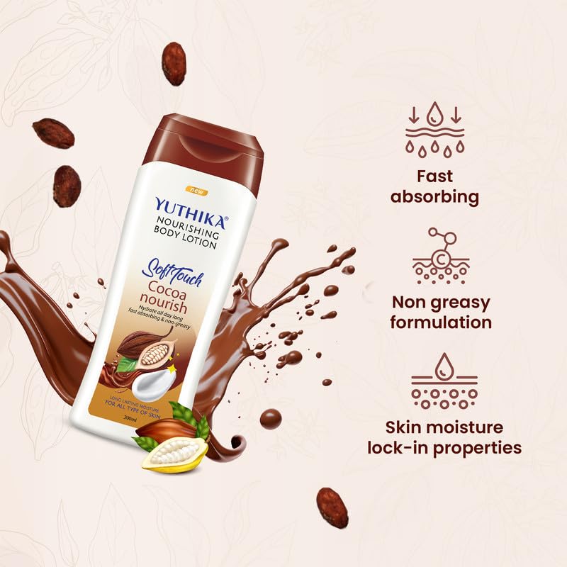 Image of Yuthika Naturals Cocoa Soft Touch 300ml Body Lotion for Women & Men | 72Hr Hydration | for Dry to Very Dry Skin | Enriched with Cocoa | Non Greasy & Healthy Looking Skin