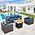 Valita Patio Rattan Furniture Set 4-Piece Outdoor PE Wicker Conversation Couch, Brown Sectional Sofa Couch with 50,000BTU Adjustable Fire Pit Table Non-Slip and Washable Navy Blue Cushions