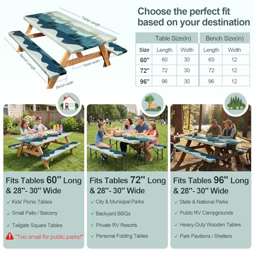 Picnic Table Cover with Bench Covers Camping Essentials Waterproof Windproof Camping Tablecloth with Drawstring Bag, Fitted Rectangle Tables and Seats, 72in, Green Blue by Play Tailor - Image 5