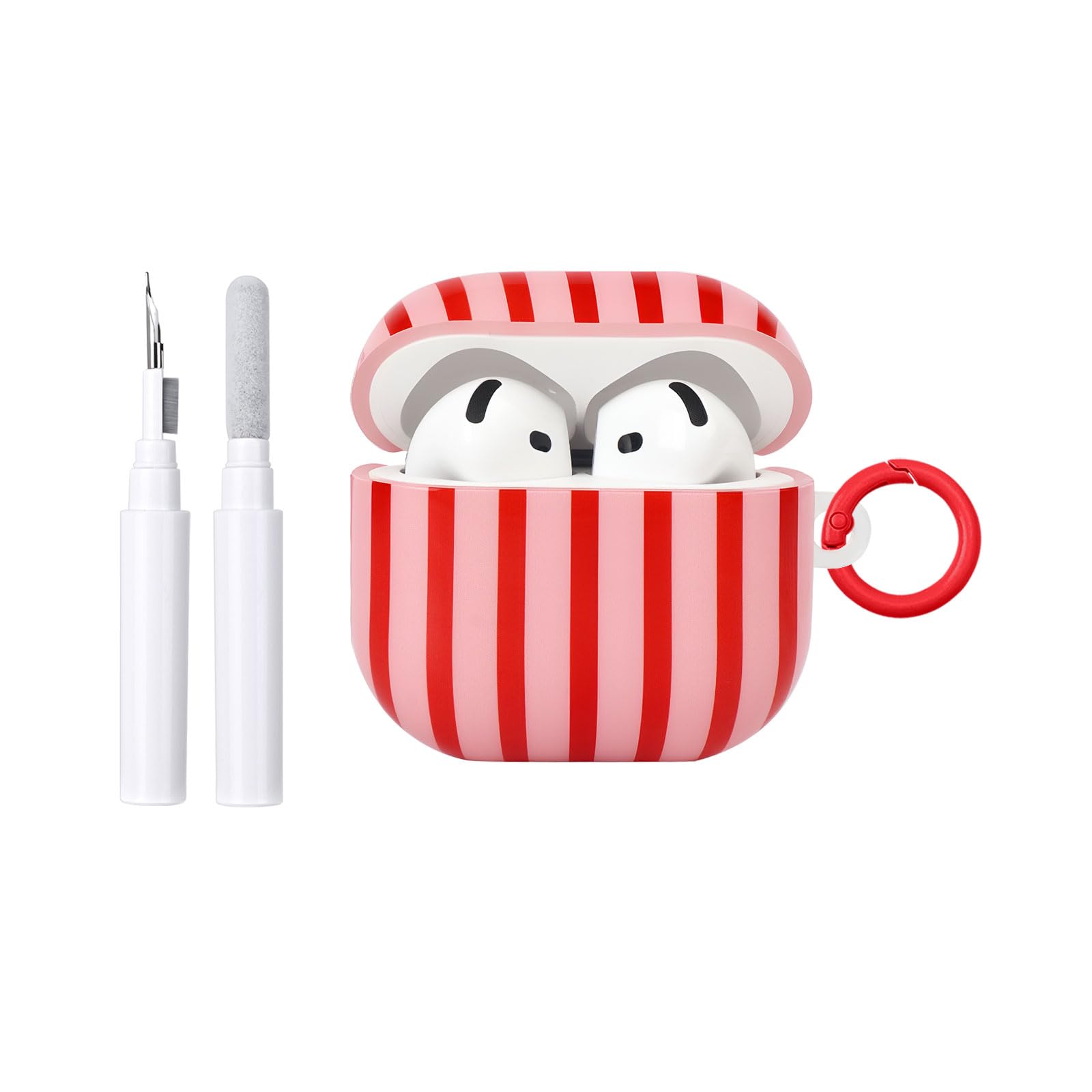 Compatible avec Coque AirPods 4 Génération avec Kit Nettoyage, Étui Housse Mignon Fashion Rayures Motif Esthétique Stripes Design, Antichoc Porte - Clés Couvercle Soft Etui - Rouge