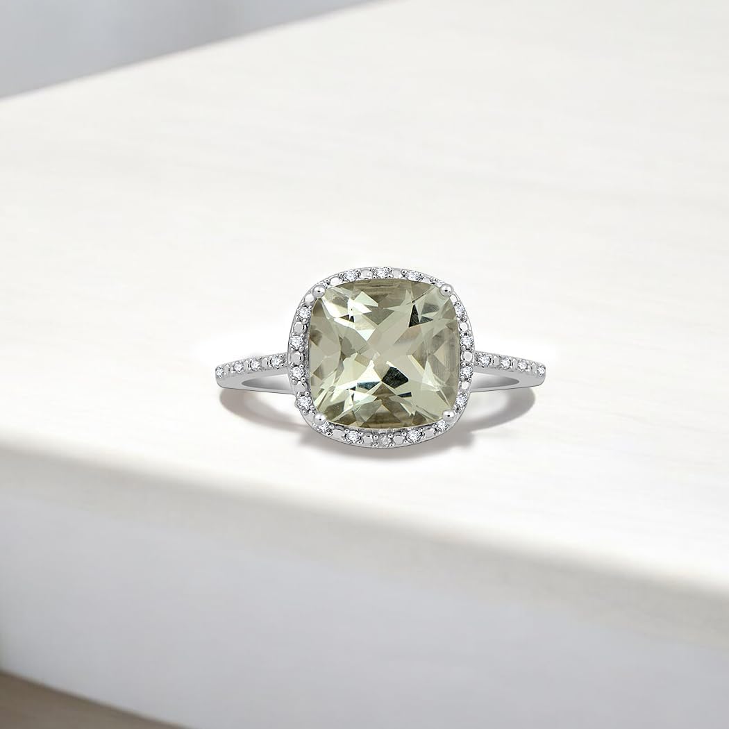 Jewelili Sterling Silver Cushion Halo Cocktail Ring for Women | Green Amethyst or Purple Amethyst & 1/10 CTTW Natural White Round Diamonds | Luxury Jewelry Gift for Her | Gift Box Included