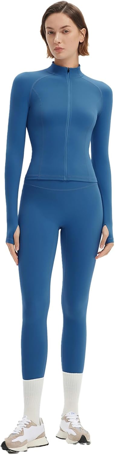 SUUKSESS Women 2 pieces Workout Sets BBL Full Zip Up Jacket High Waist Gym Leggings