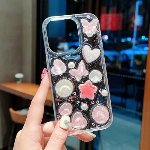 Image of COVERLY for iPhone 12 Pro 3D Luxury Butterfly Resin Phone Case,Trendy Translucent Cute Hard Epoxy Art Crystal Clear -Non Yellowing Love Heart Embossed Pearl Princess Cover for Apple iPhone 12 Pro