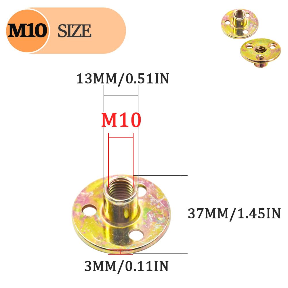 10 Pezzi Dadi Flangiati M10 Dado a T con Foro Bavato Round Base Screw-in T-Nut Fissaggio Della Flangia a Tre Fori per Elettrodomestici e,Mobili (M10/FL-LM)