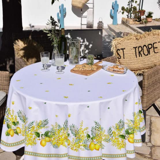 Générique Nappe Ronde provençale 1m80 Coton Enduit plastifiée Citron Mimosa Blanc