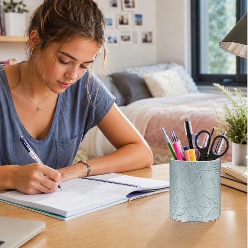 Image of Round Leather Pen Holder for Desk, Desktop Organizer, (Carved Blue)