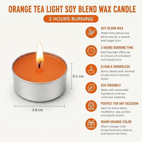 Image of Unscented Tea Light Candles | Soy Wax Blend Long-Lasting with Cotton Wick | Perfect for Home Decor, Parties, Weddings, and More | Set of 100 (Orange)