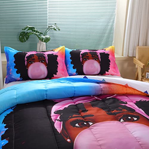 African American Black Girl Comforter Set For Kids And Adults, Twin Size Black Girl Bubble Gum Bedding Comforter With 2 Cute Afro Hair Girl Pillowcases - 68" X 86 #TOP3