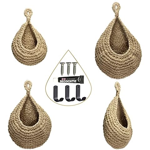 Anraja Hanging Fruit Basket For Kitchen Wall, Teardrop Garlic Storage Organizer, Decor Home, Boho Plant Holder, Set Of 3 Jute Keepers, Linen Cover