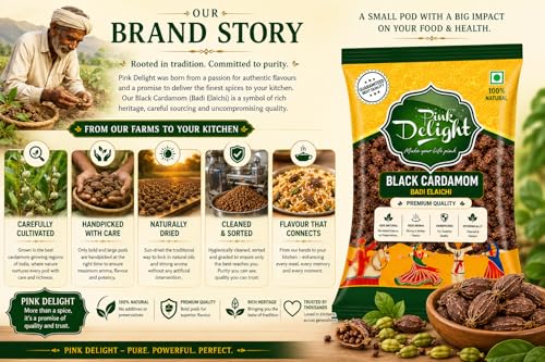 Image of Pink Delight Black Cardamom (Badi Elaichi) 20 g | Premium Bold Black Elaichi Pods | Strong Smoky Aroma for Biryani, Dal, Garam Masala & Tea | Natural Whole Spices Hygienically Packed